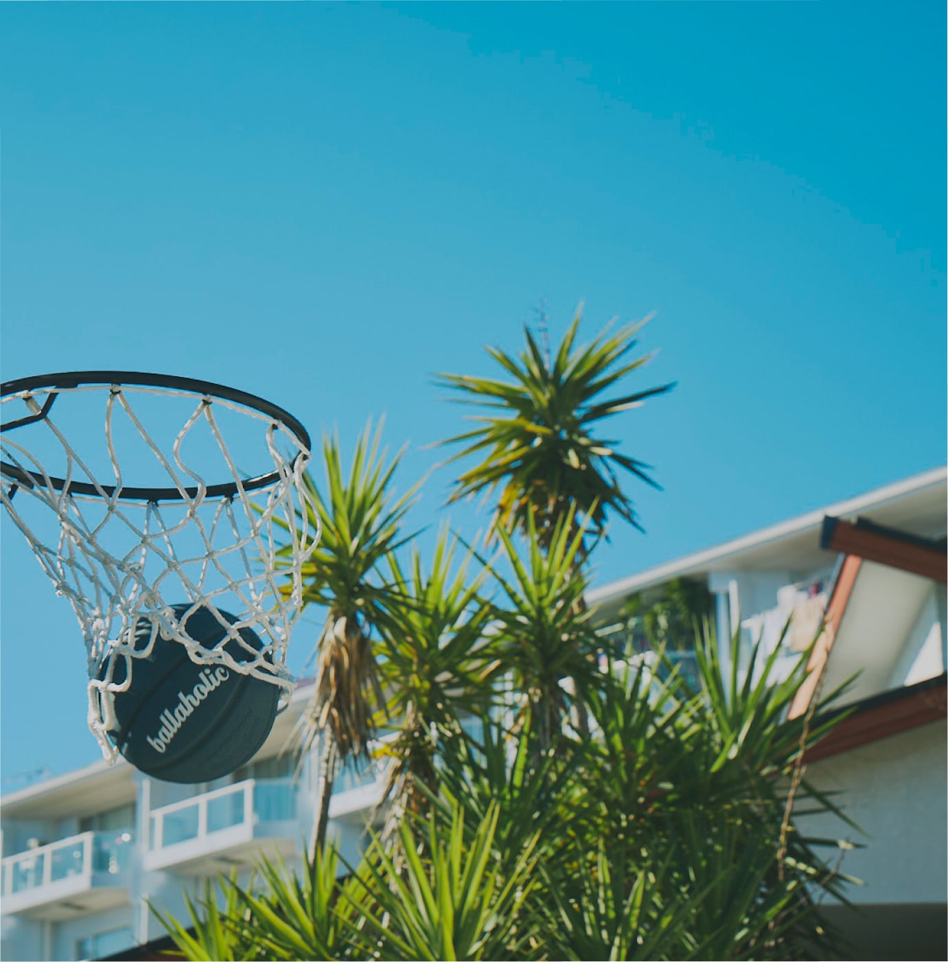 バスケットゴールにボールが入っている写真