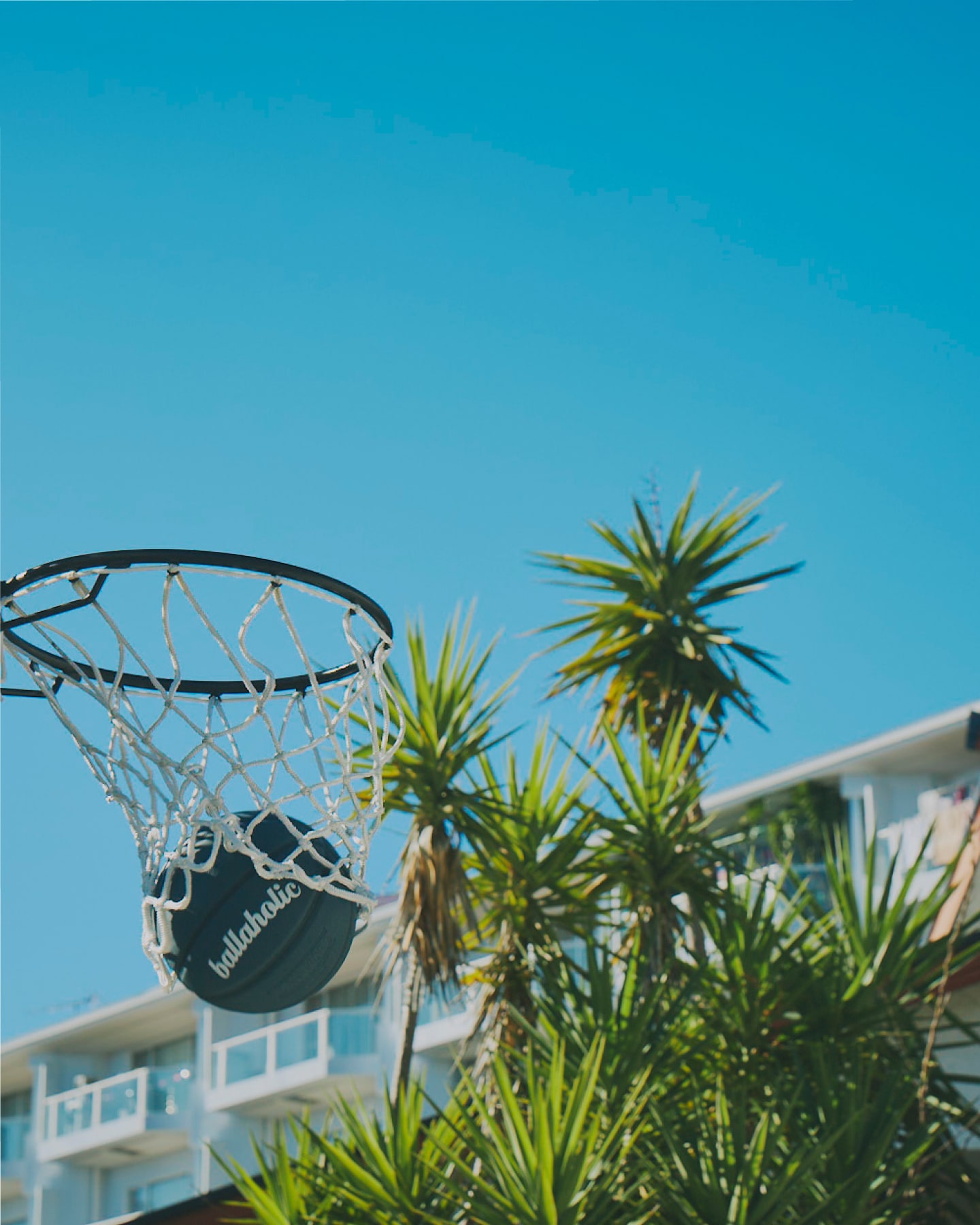 バスケットゴールにボールが入ったところ